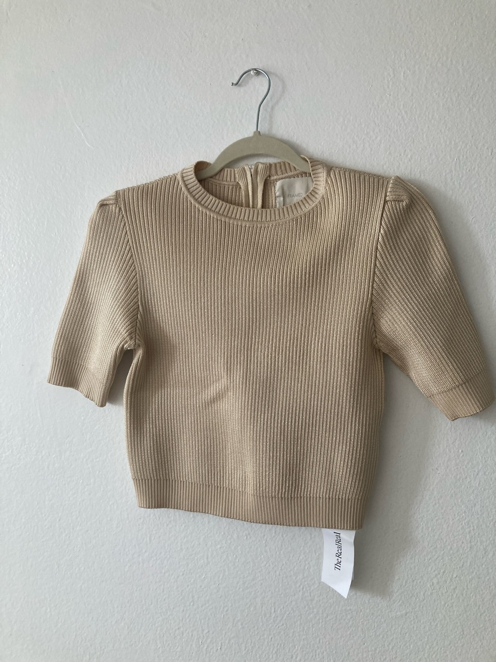 Frame Denim Neutral Metallic Cream Ribbed Short Sleeve Top